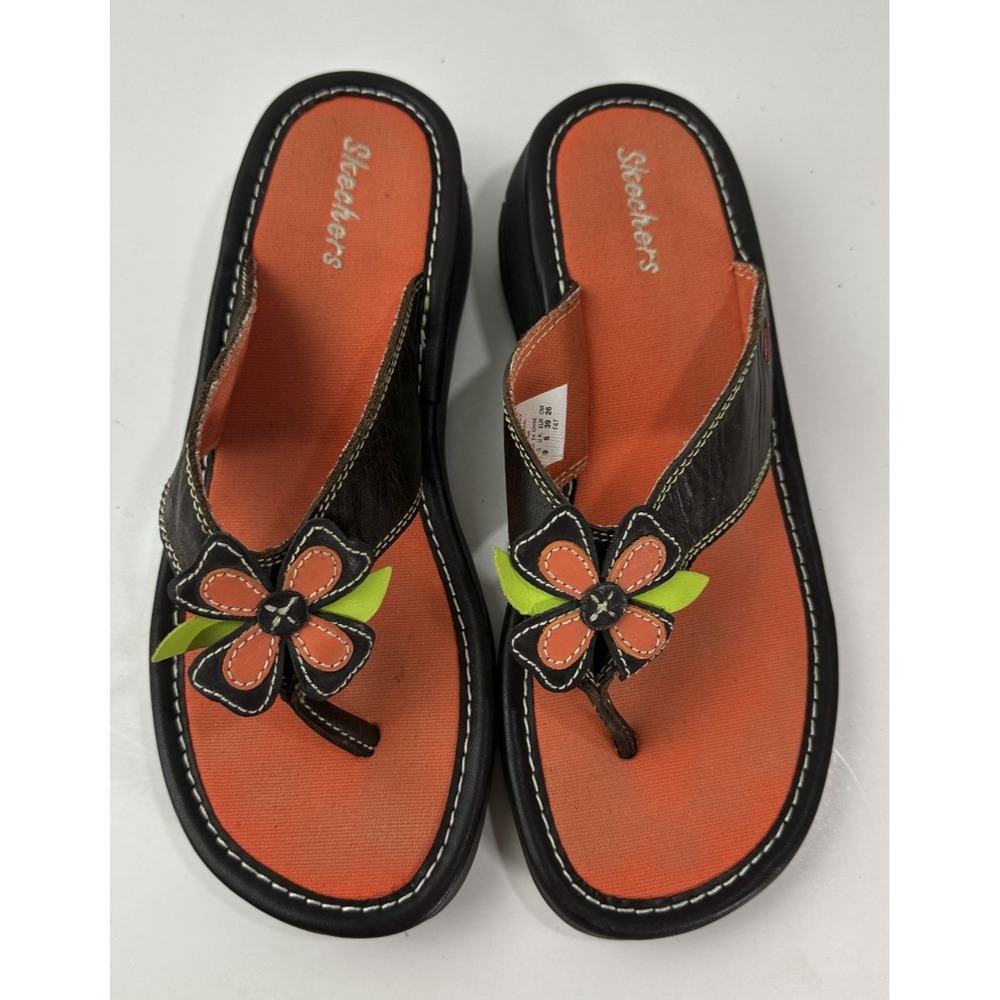 Skechers Y2K Style Flower Flip Flop Sandals Leather Size 9 Hippie Boho Festival - Picture 16 of 16